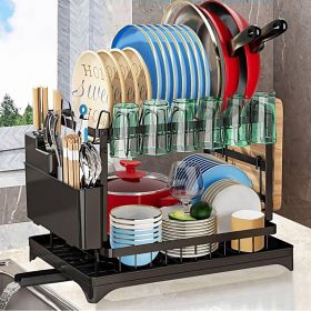 Dish Rack, 2 Tier Utensil Holder, Rustproof Dish Drying Rack with Drainboard and Utensil Holder for Kitchen Countertop, Kitchen Accessories (Blac