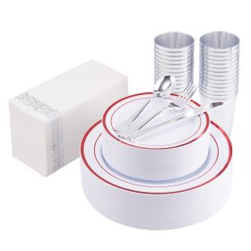 The red/green plastic tableware set is suitable for 50 people (Color: Red)